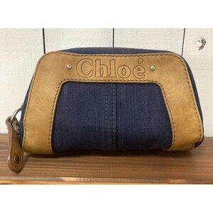 Chloe Blue Denim and Light Brown Leather Clutch Handbag Large